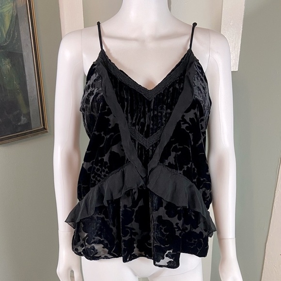 Parker Tops - Parker Black Sheer Floral Burnout Velvet Tank Top Ruffle Silk Blend Small Floral